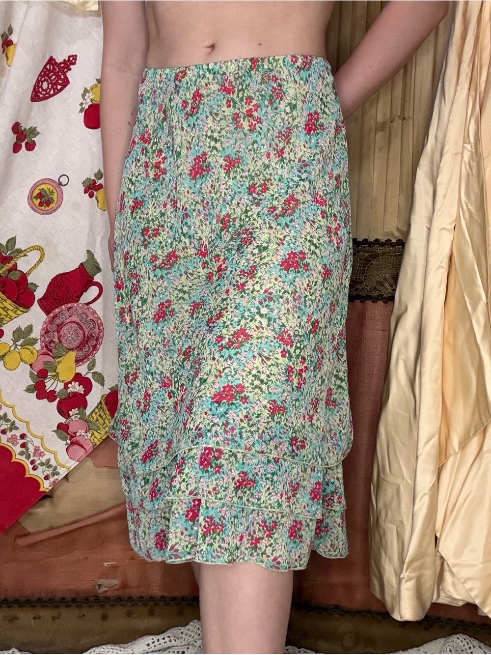 Y2K Elementz Mint Green Midi Skirt with Pink Floral Print
